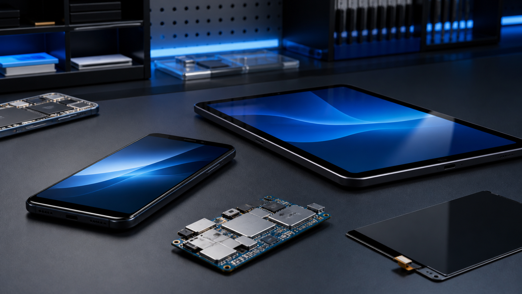 Smartphone Android, tablette et carte mère dans un atelier de réparation informatique
