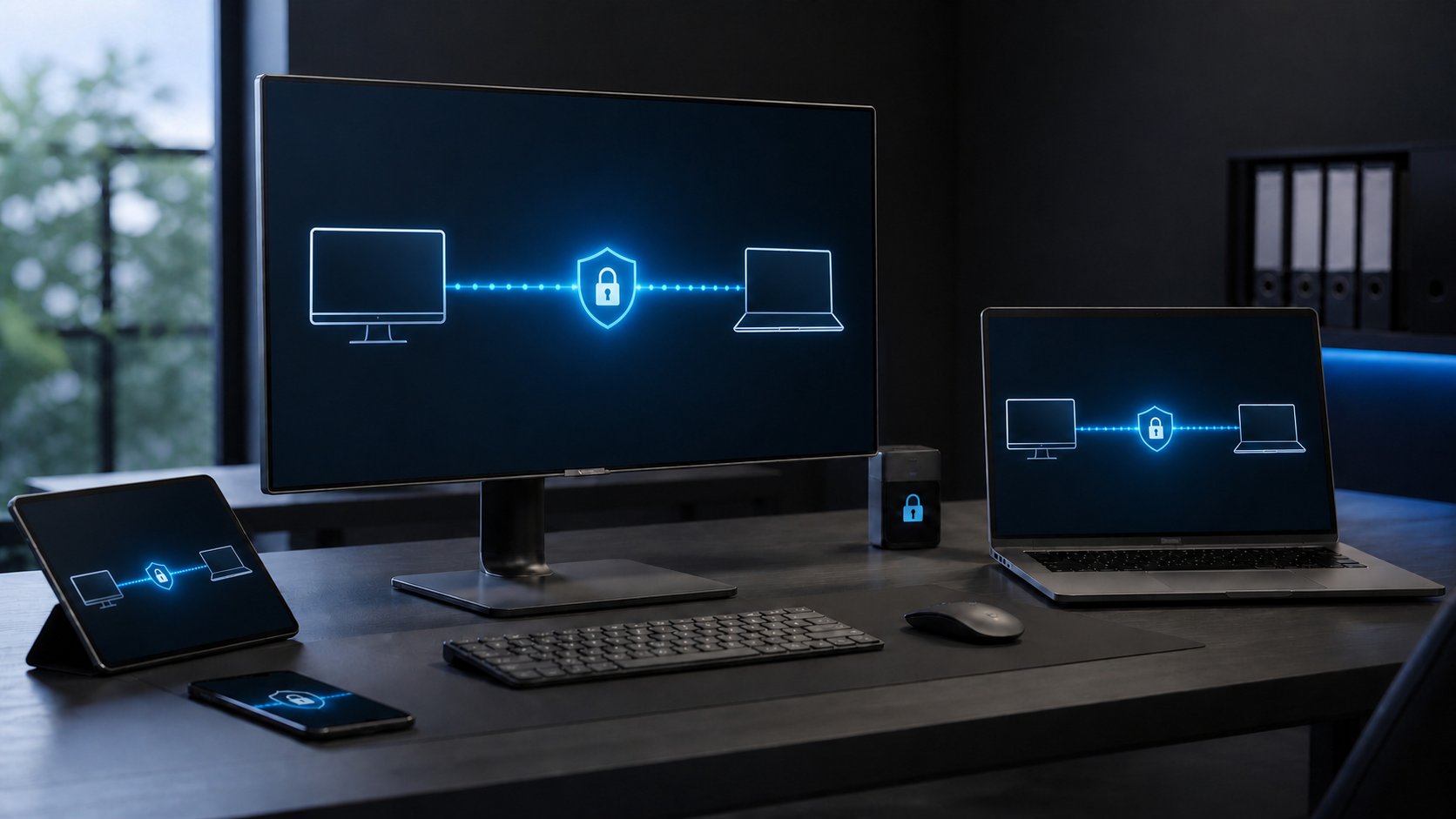Deux ordinateurs reliés à distance par une connexion informatique sécurisée