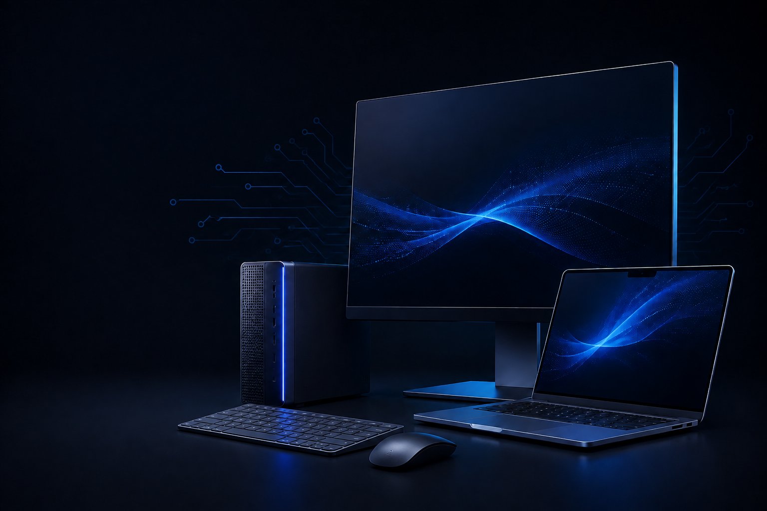 Ordinateur fixe, écran, portable, clavier et souris dans un univers informatique bleu nuit
