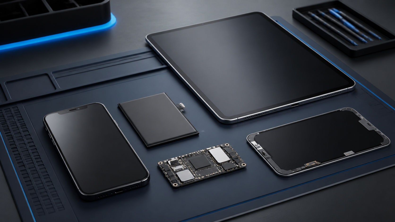 iPhone, iPad, écran, batterie et carte électronique dans un atelier de réparation
