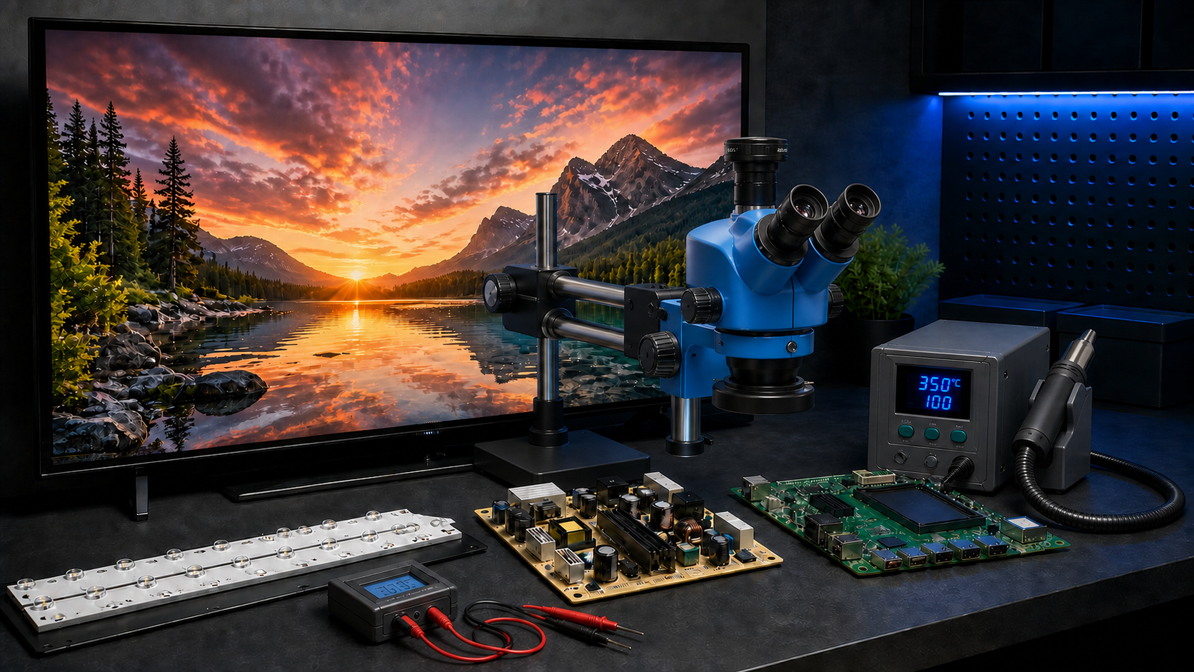 Téléviseur, microscope, station à air chaud, testeur LED et cartes électroniques dans un atelier de réparation